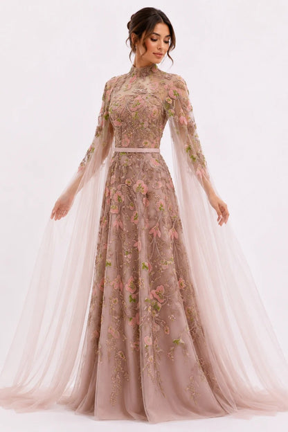 Strapless Tulle Gown with Embroidered Cape