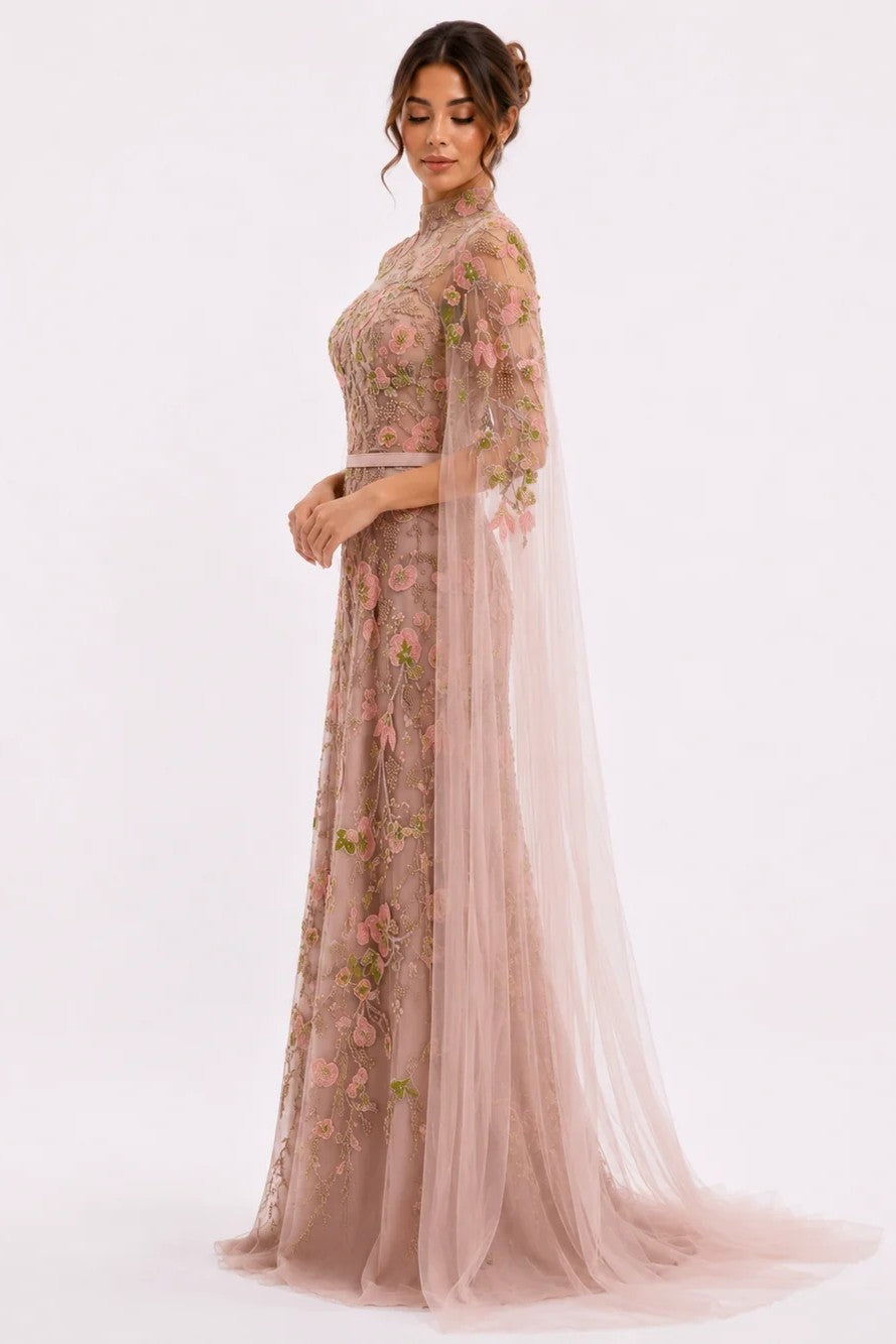 Strapless Tulle Gown with Embroidered Cape