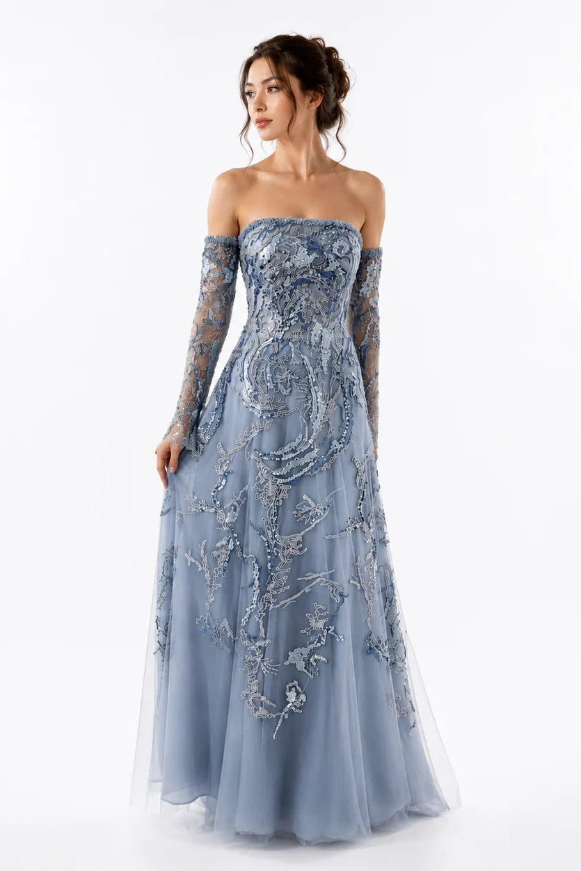 Off-Shoulder Embroidered Gown with Swarovski Details