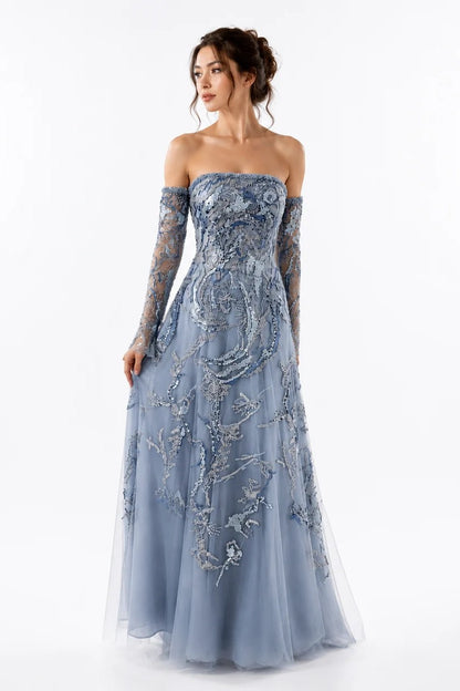 Off-Shoulder Embroidered Gown with Swarovski Details