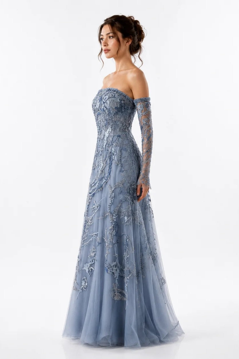 Off-Shoulder Embroidered Gown with Swarovski Details