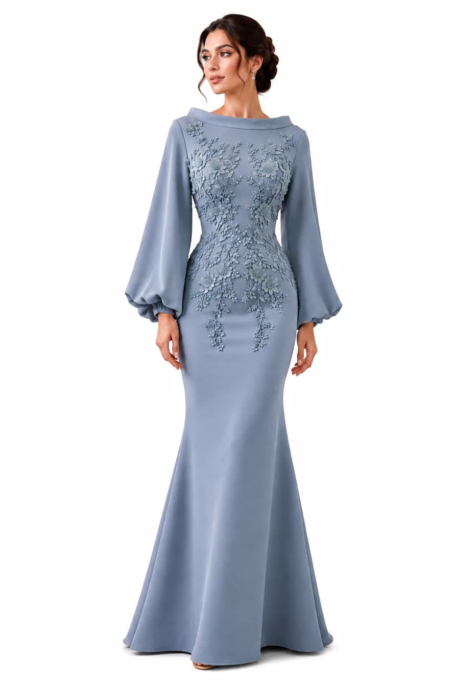 High-Neck Crepe Mermaid Gown with 3D Flowers