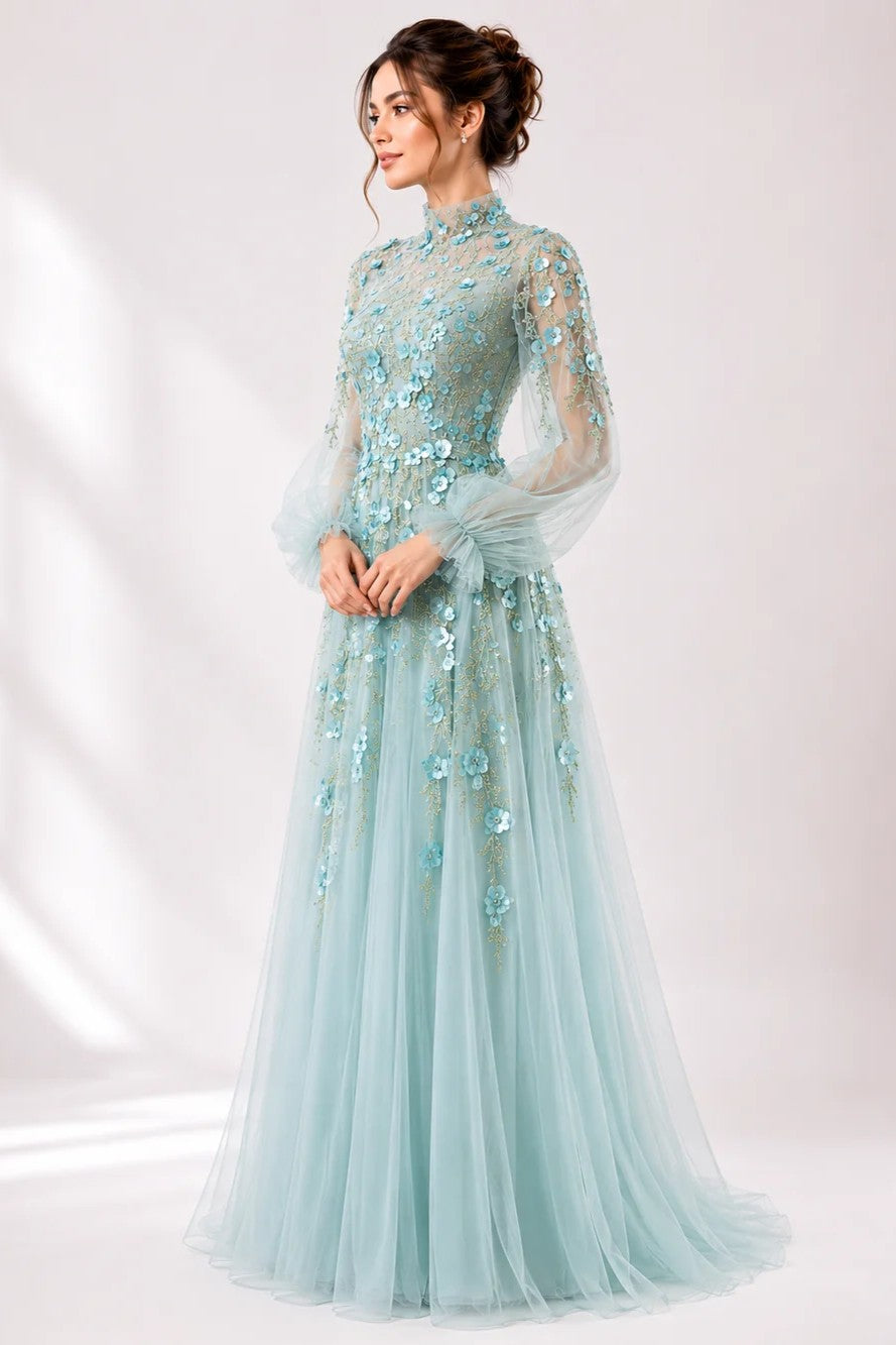 High-Neck Tulle Gown with 3D Floral Embroidery