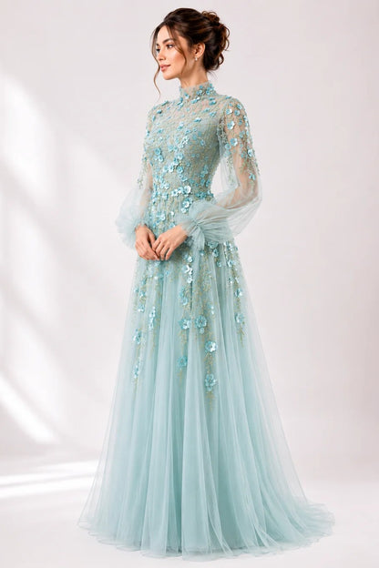 High-Neck Tulle Gown with 3D Floral Embroidery