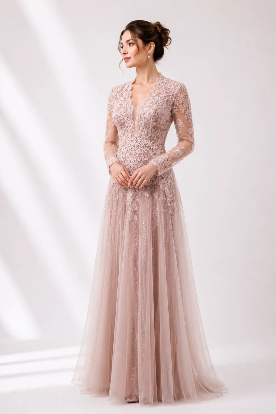 Deep V-Neck Lace & Tulle Gown with Floral Belt