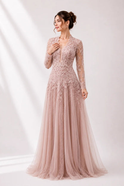Deep V-Neck Lace & Tulle Gown with Floral Belt