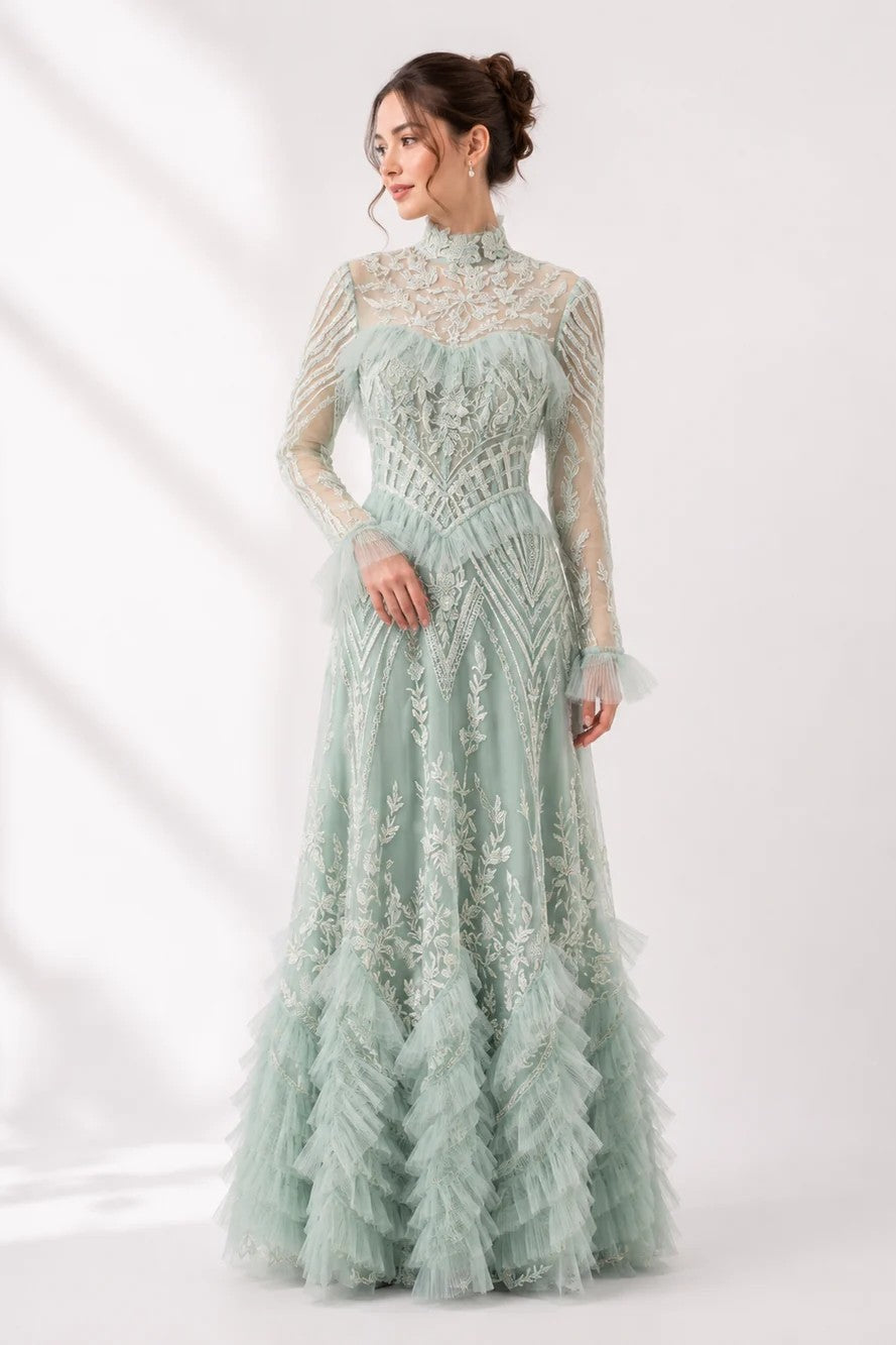 High-Neck Geometric Tulle A-Line Gown