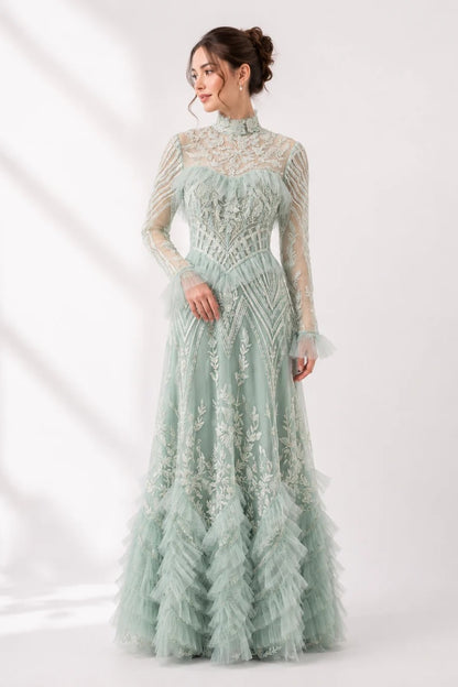 High-Neck Geometric Tulle A-Line Gown