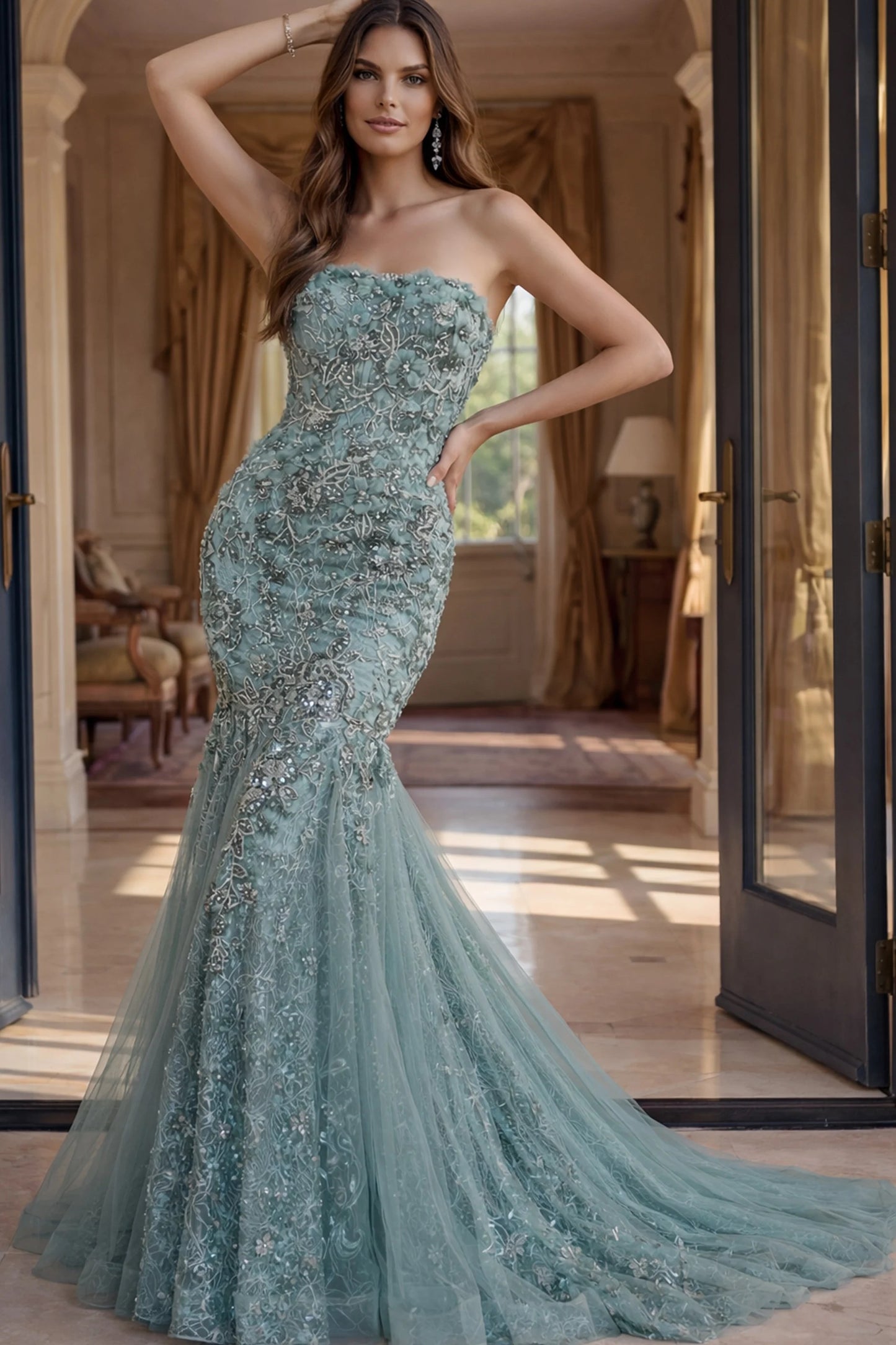 Embellished Mermaid Gown With Tulle Skirt