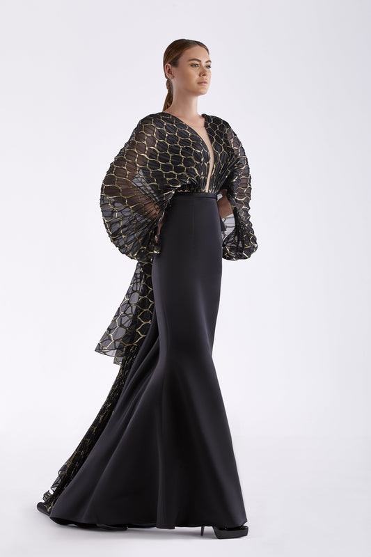 Long Sleeve Satin and Organza Gown