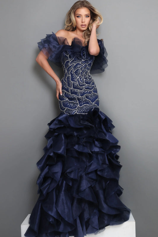 Off Shoulder Ruffle Beaded Bodice Dress