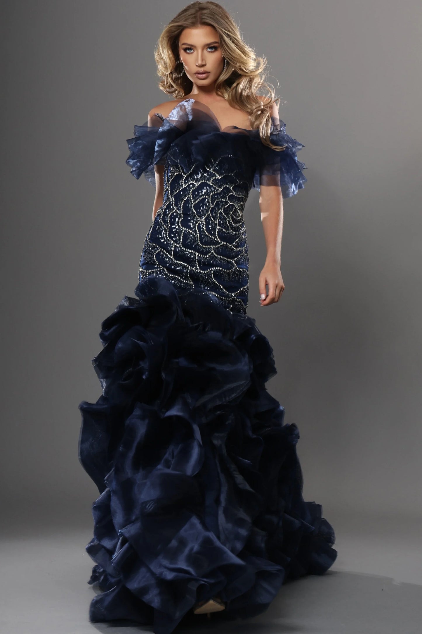 Off Shoulder Ruffle Beaded Bodice Dress