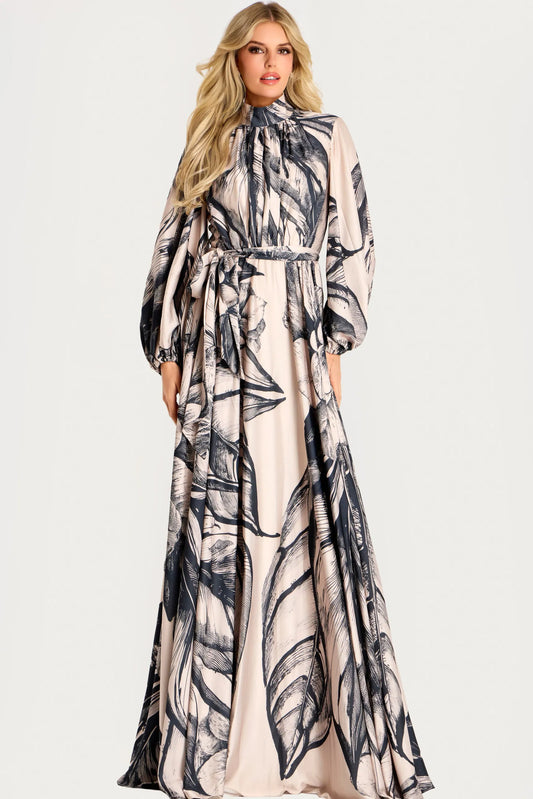 High Neck Floral Satin Gown