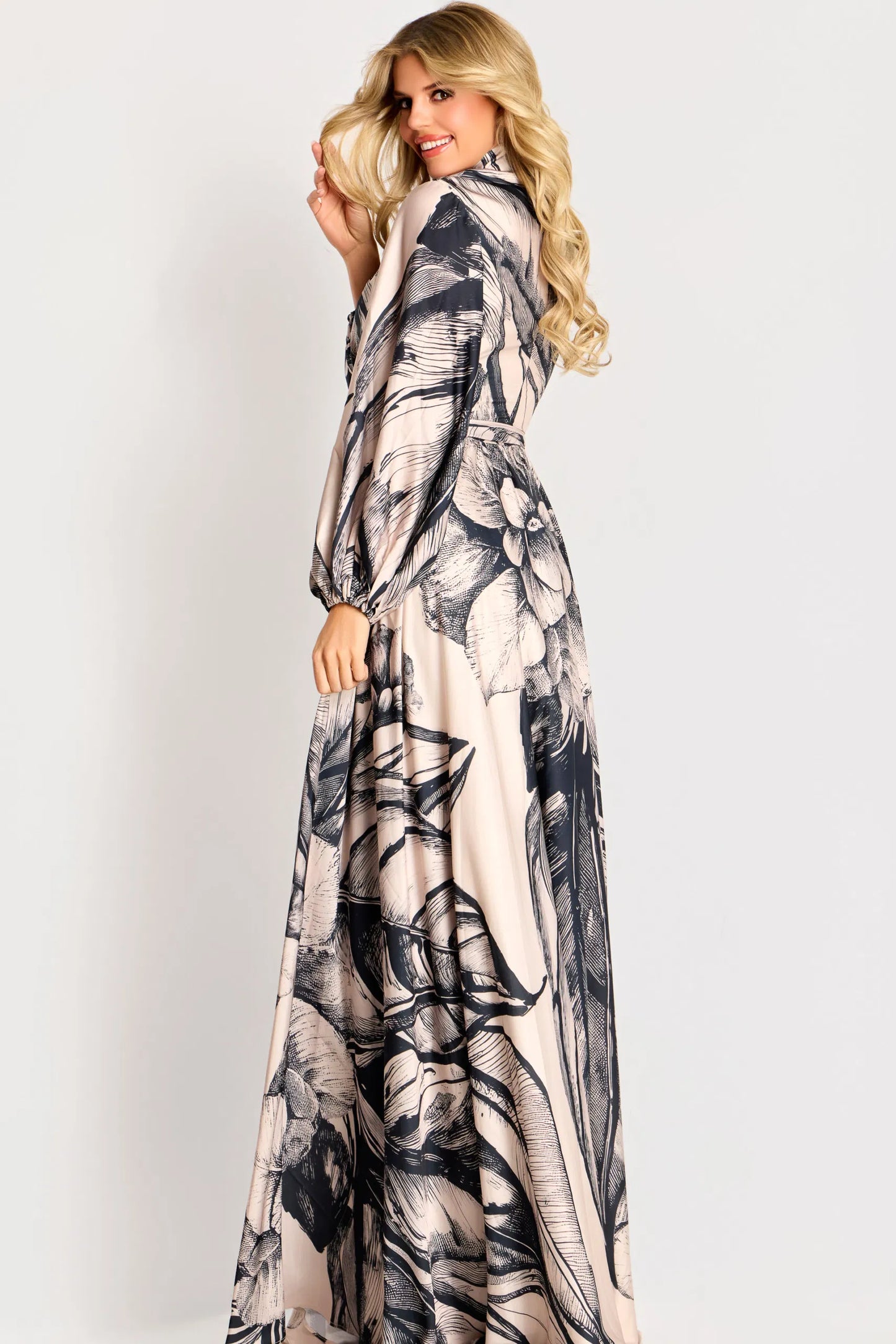 High Neck Floral Satin Gown