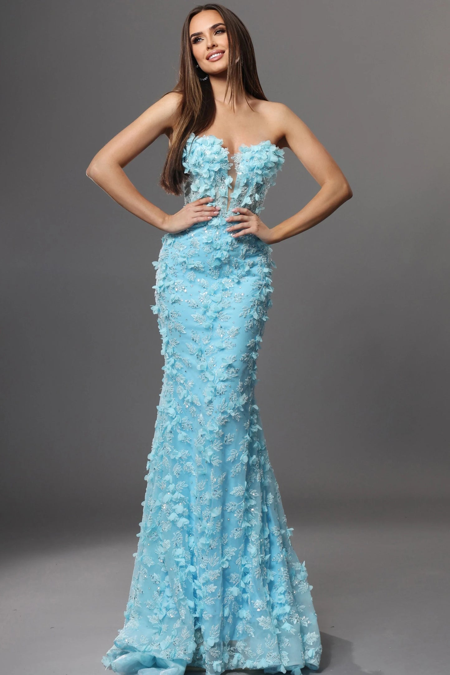 Strapless 3D Floral Sequin Dress