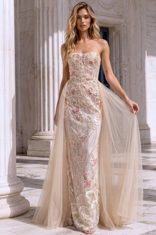 Floral Beaded Gown with Tulle Overskirt