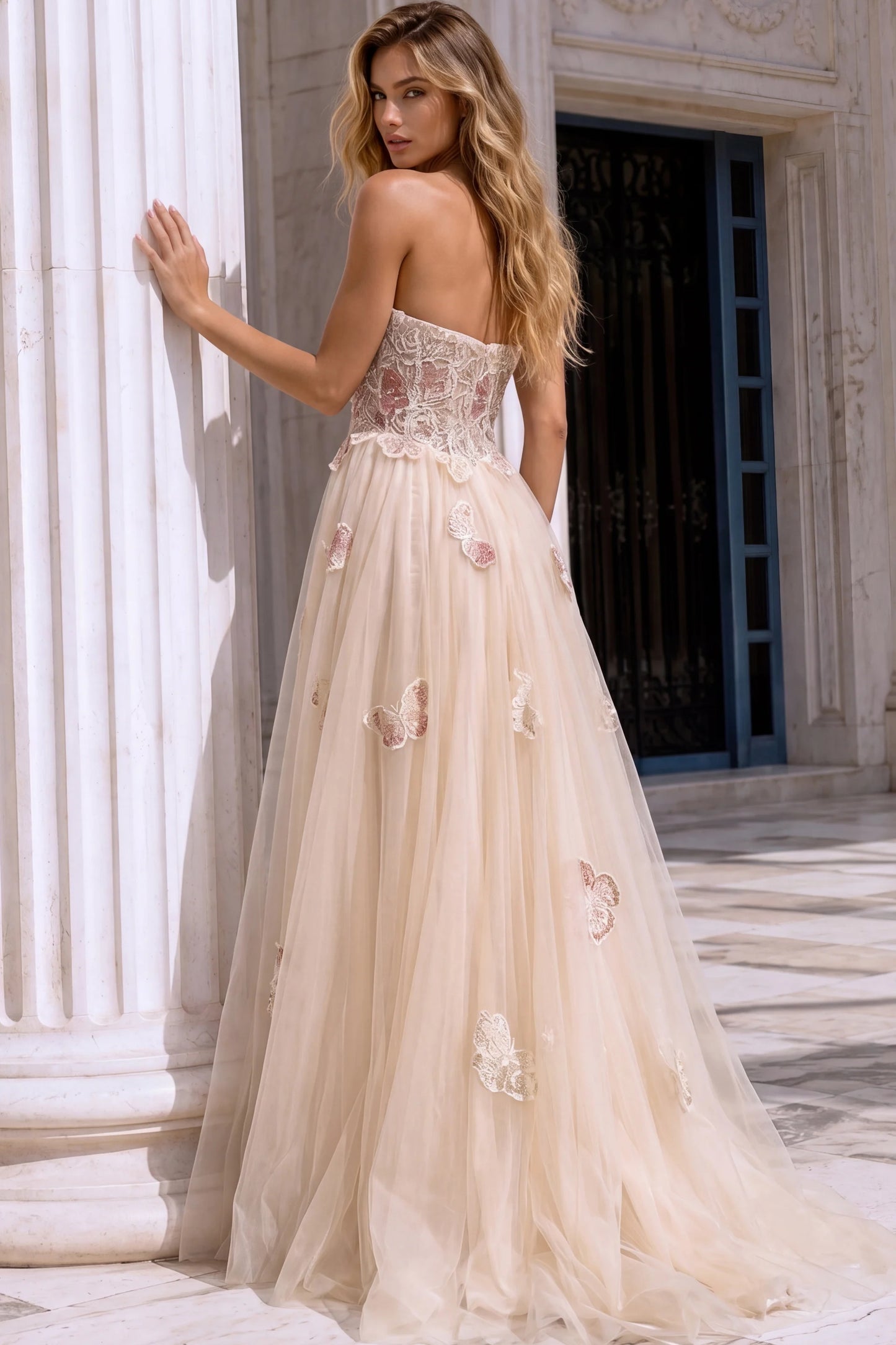 Floral Beaded Gown with Tulle Overskirt