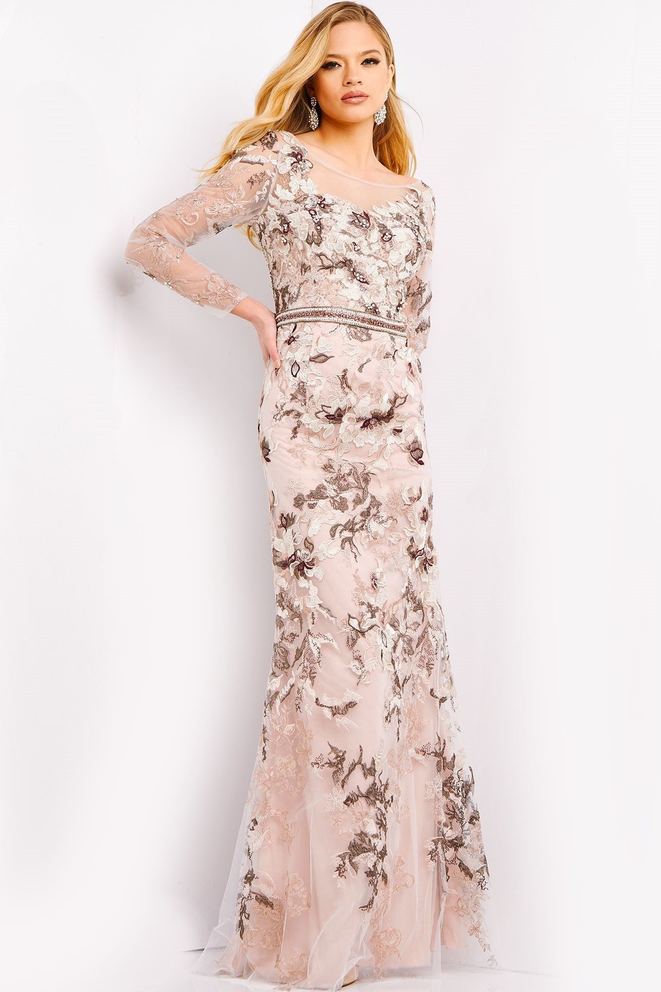 Floral Embroidered Long Sleeve Gown