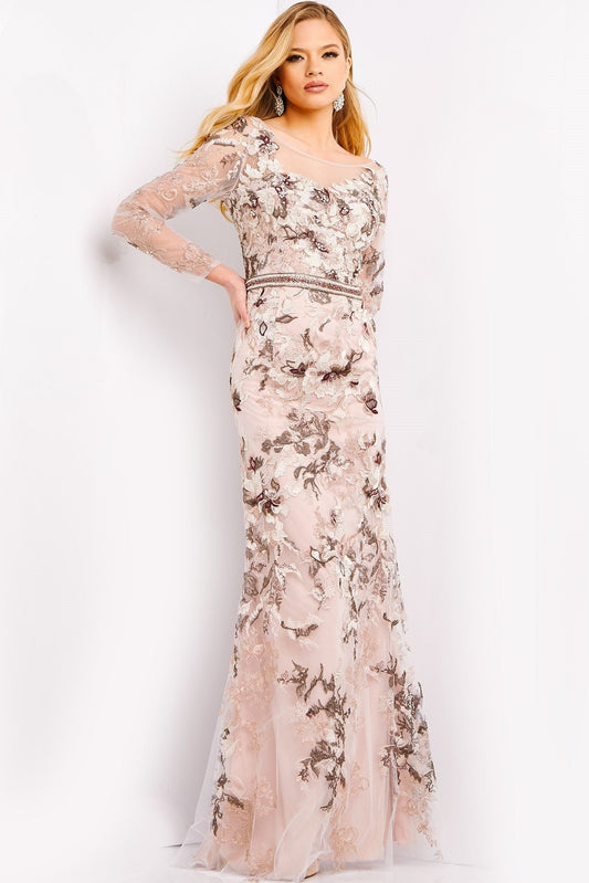 Floral Embroidered Long Sleeve Gown