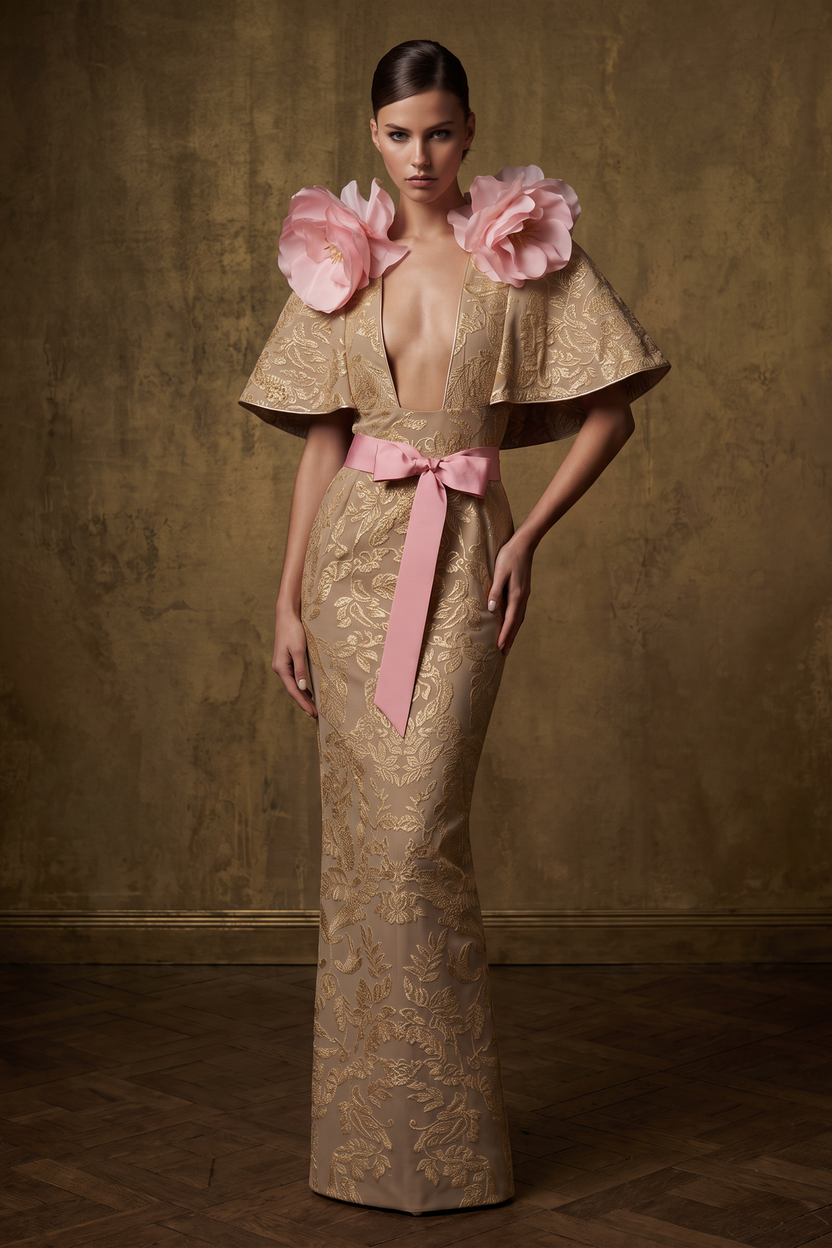 Floral Embroidered Capelet Gown