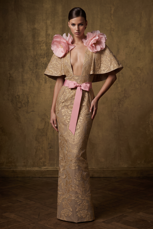 Floral Embroidered Capelet Gown