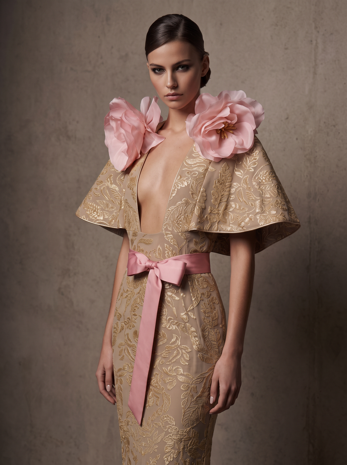 Floral Embroidered Capelet Gown
