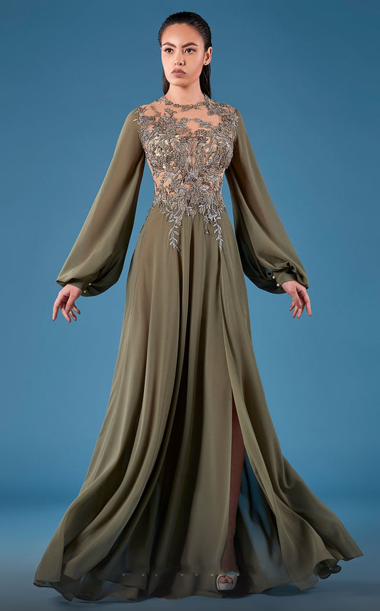 Long Blouson Sleeve Embellished Gown