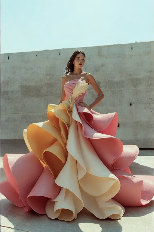 Strapless A-Line Cascading Ruffled Gown