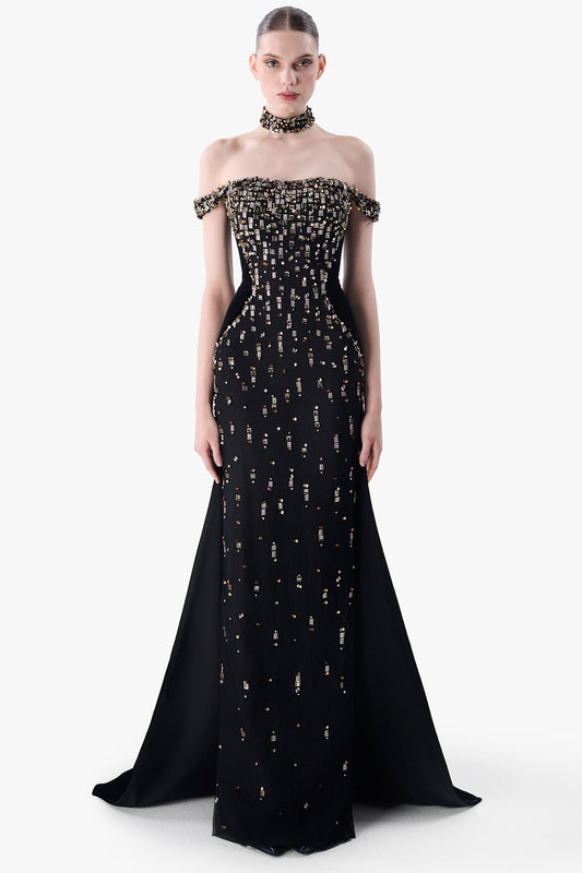 Embroidered Off-Shoulder Velvet Gown