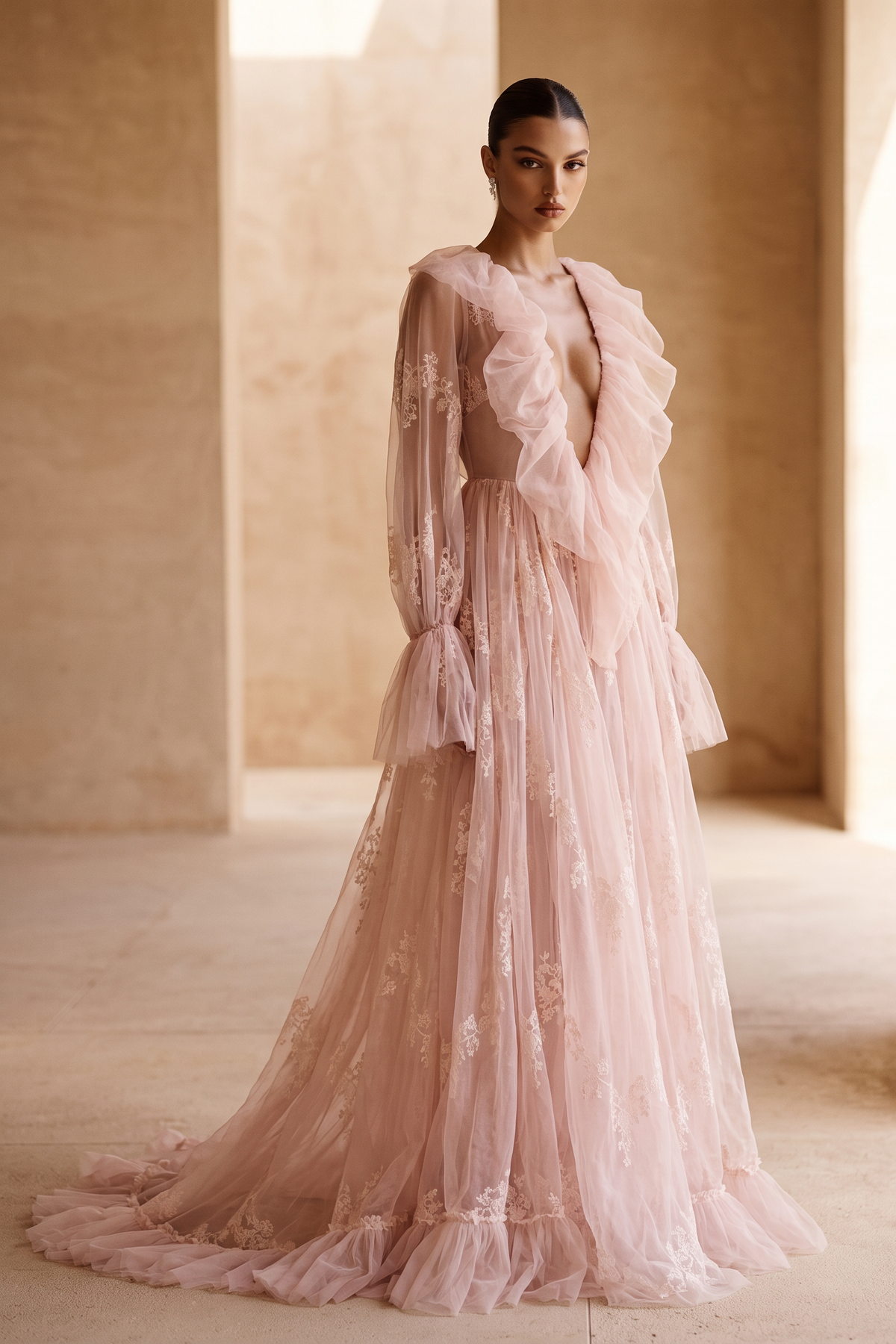 Sheer Long Sleeve Ruffled Gown