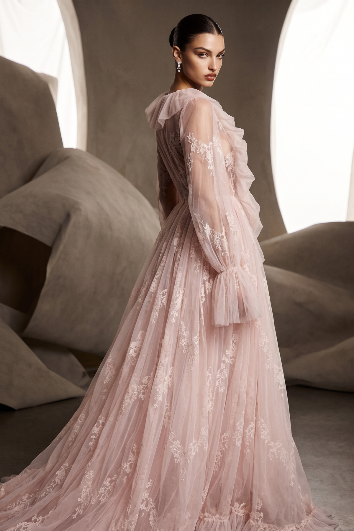 Sheer Long Sleeve Ruffled Gown