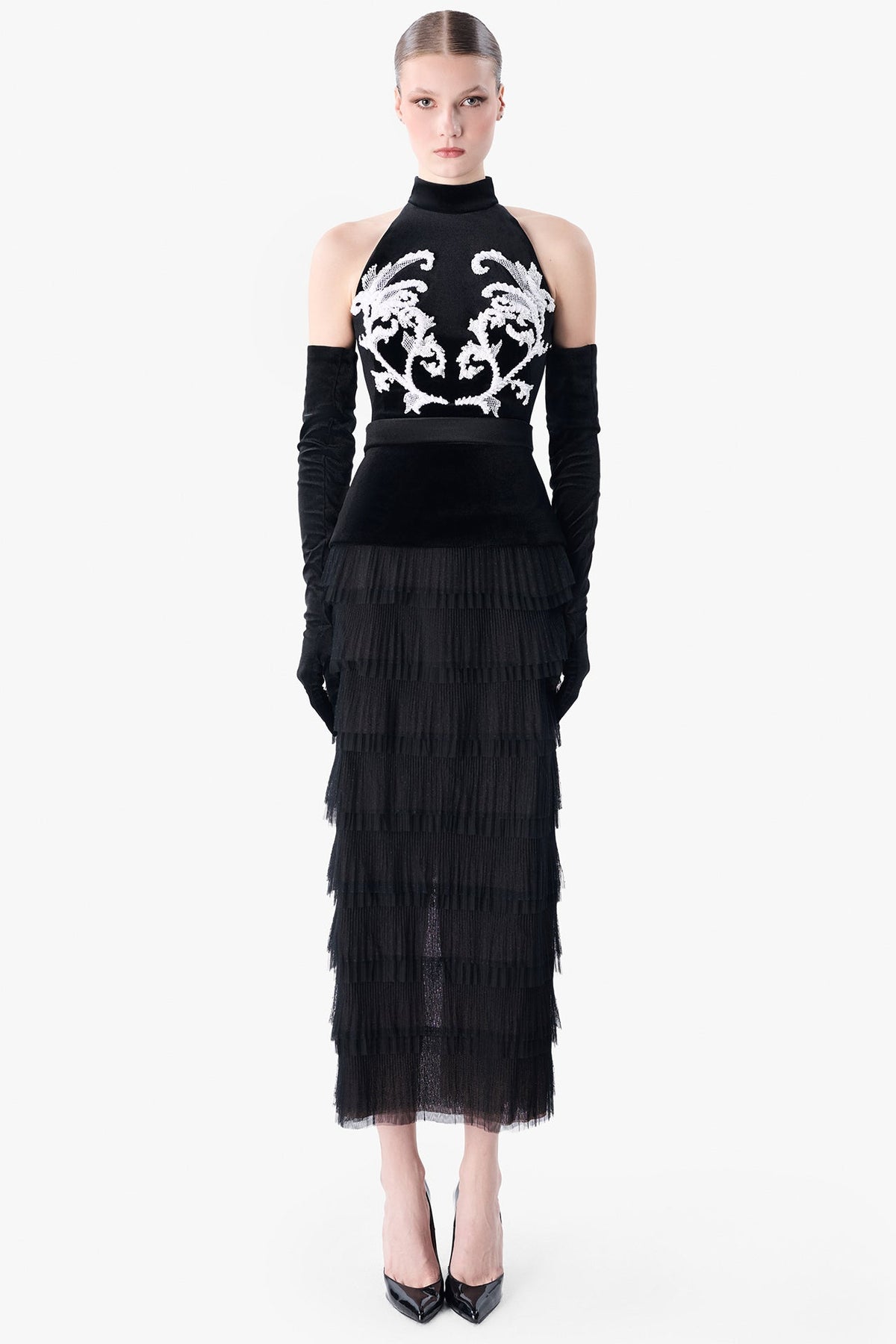 Halter Velvet Dress with Embroidered Bodice