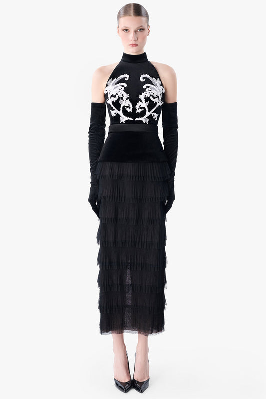 Halter Velvet Dress with Embroidered Bodice