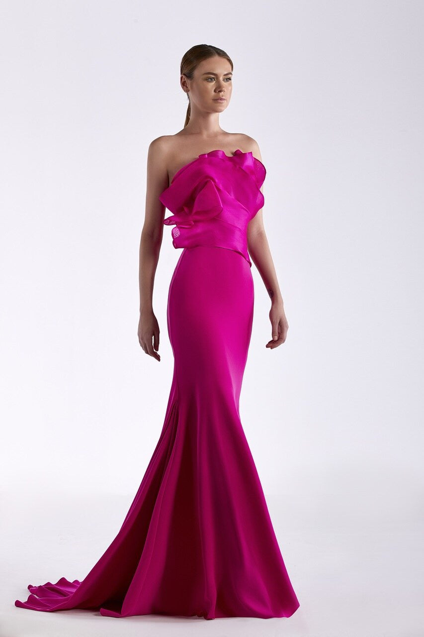 Crepe and Organza Strapless Gown