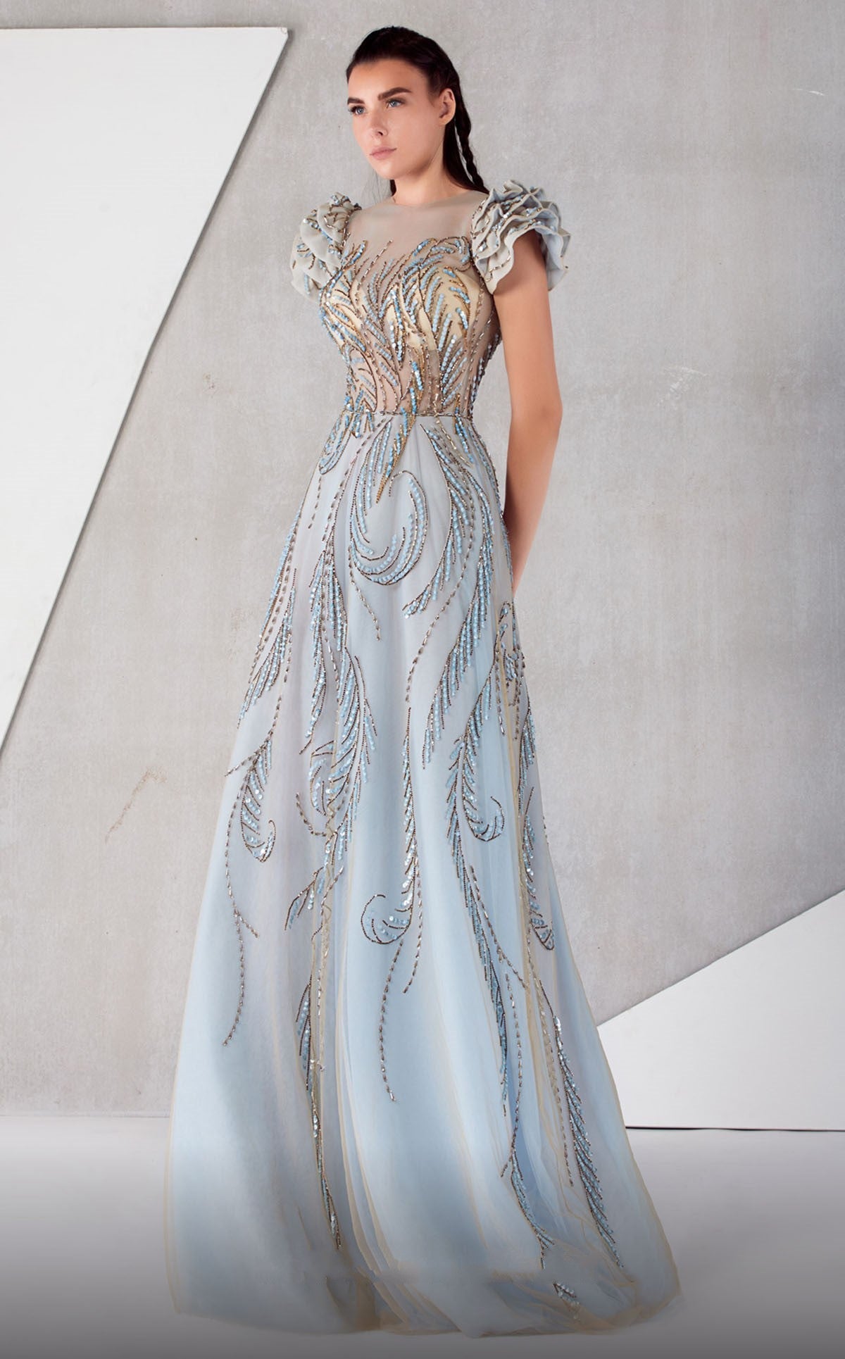 Ruffled Cap Sleeve Embellished Gown