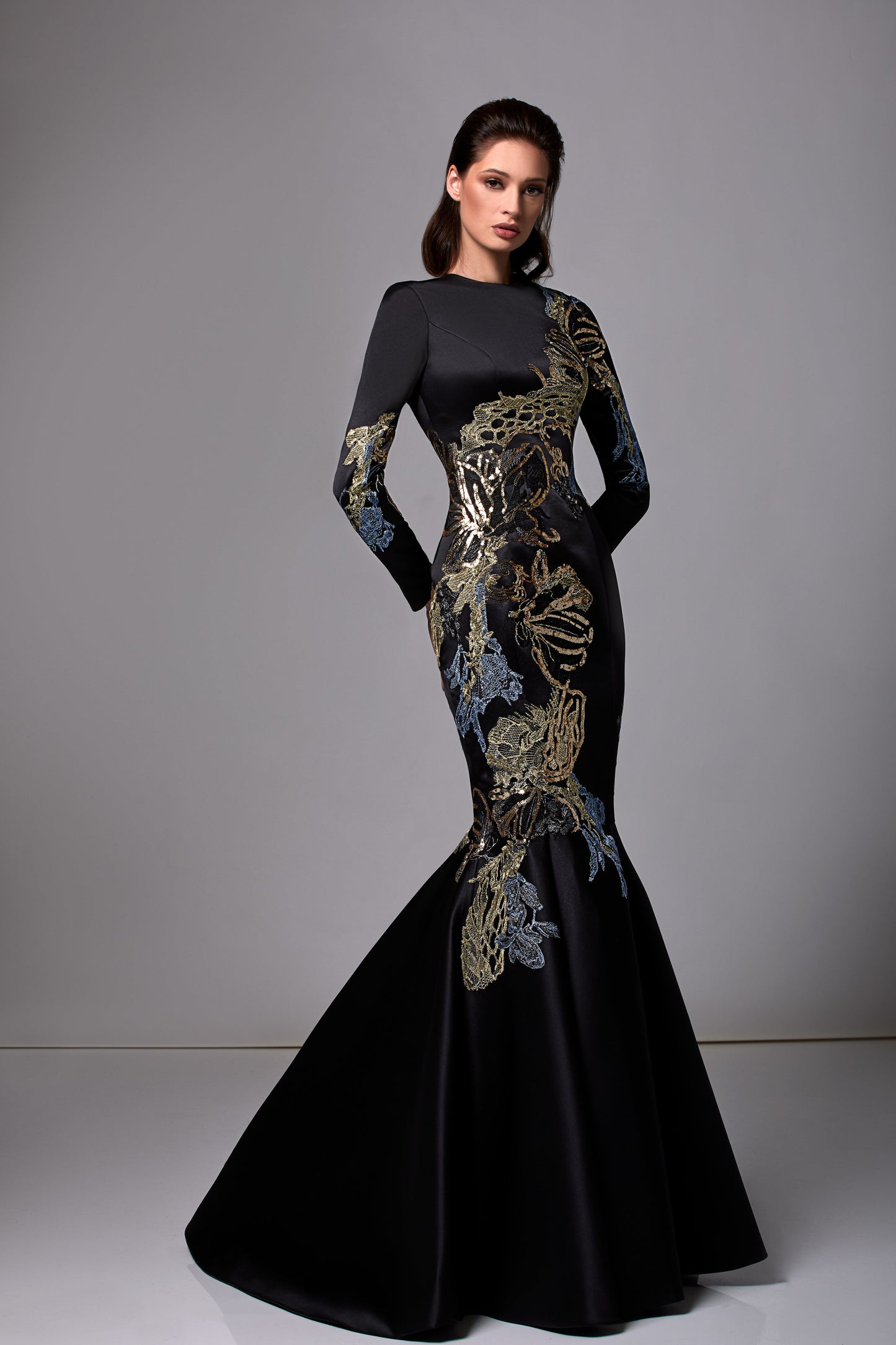 Long Sleeve Satin Embroidered Gown