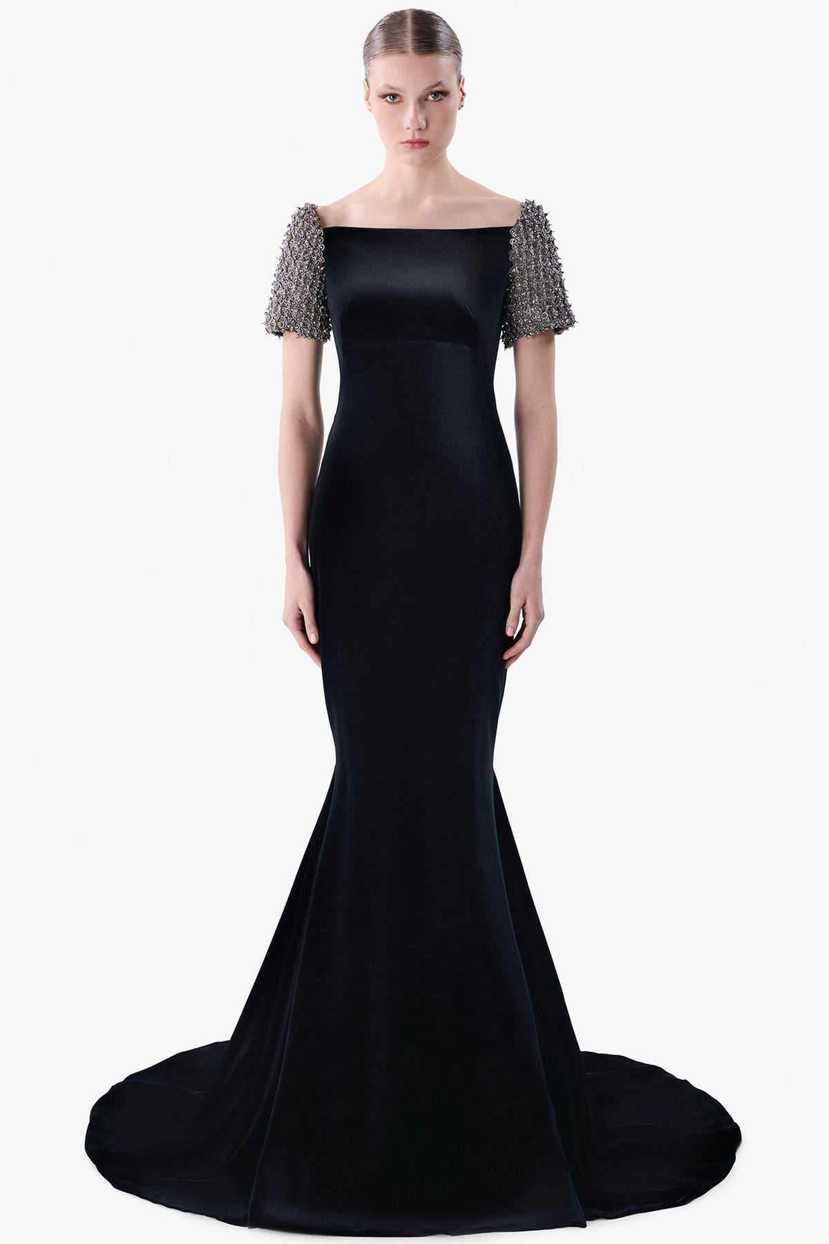 Velvet Mermaid Gown with Embroidered Sleeves