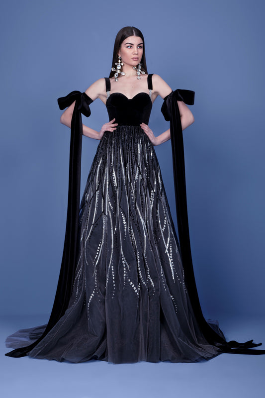 Bow Sleeve Beaded Gown