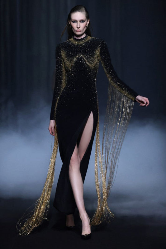 Beaded Crepe Dress with Fringes