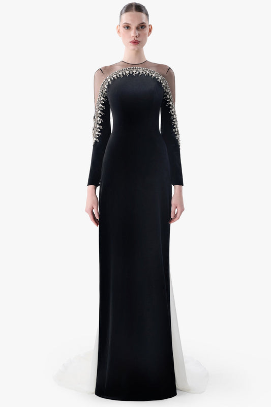 Velvet Gown with Embroidered Tulle Cape