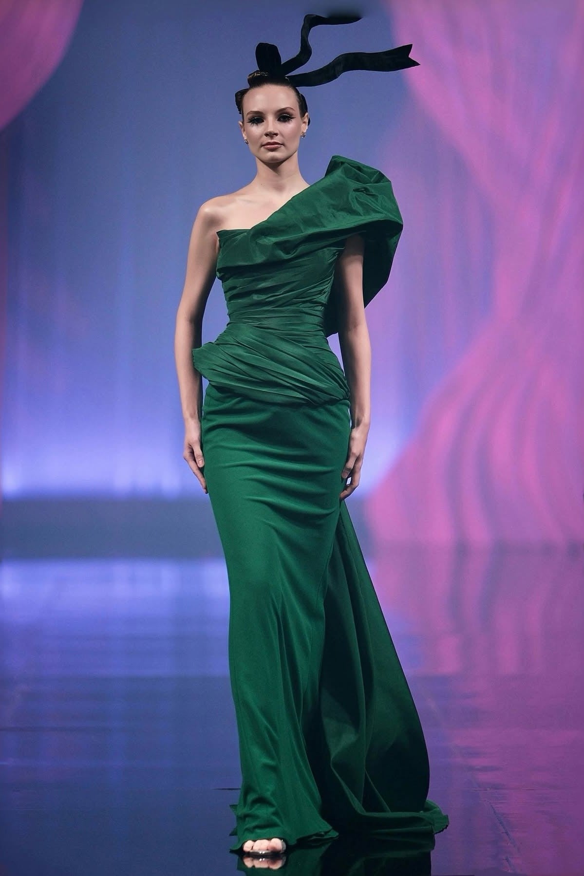 Pleated One-Shoulder Gown