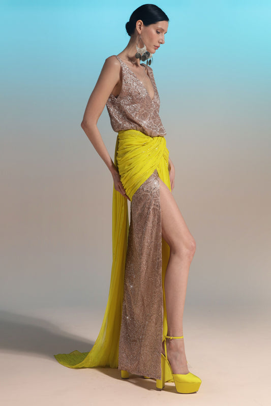 Fully Beaded Draped Gown
