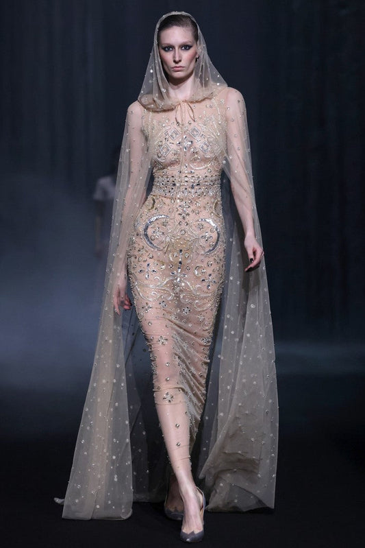 Beaded Tulle Dress with Hooded Cape