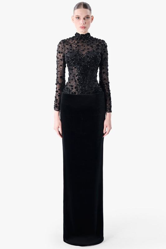 Embroidered Tulle Top with Velvet Column Skirt