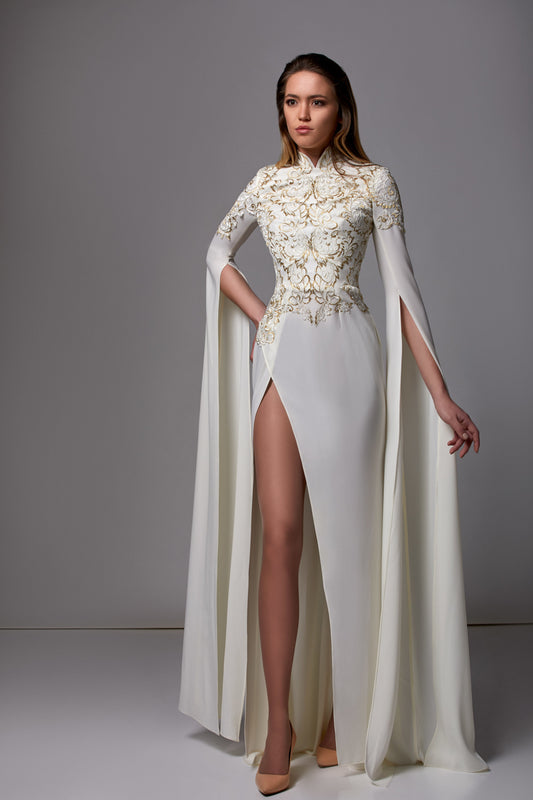 Crepe Slit Gown with Cape Sleeves