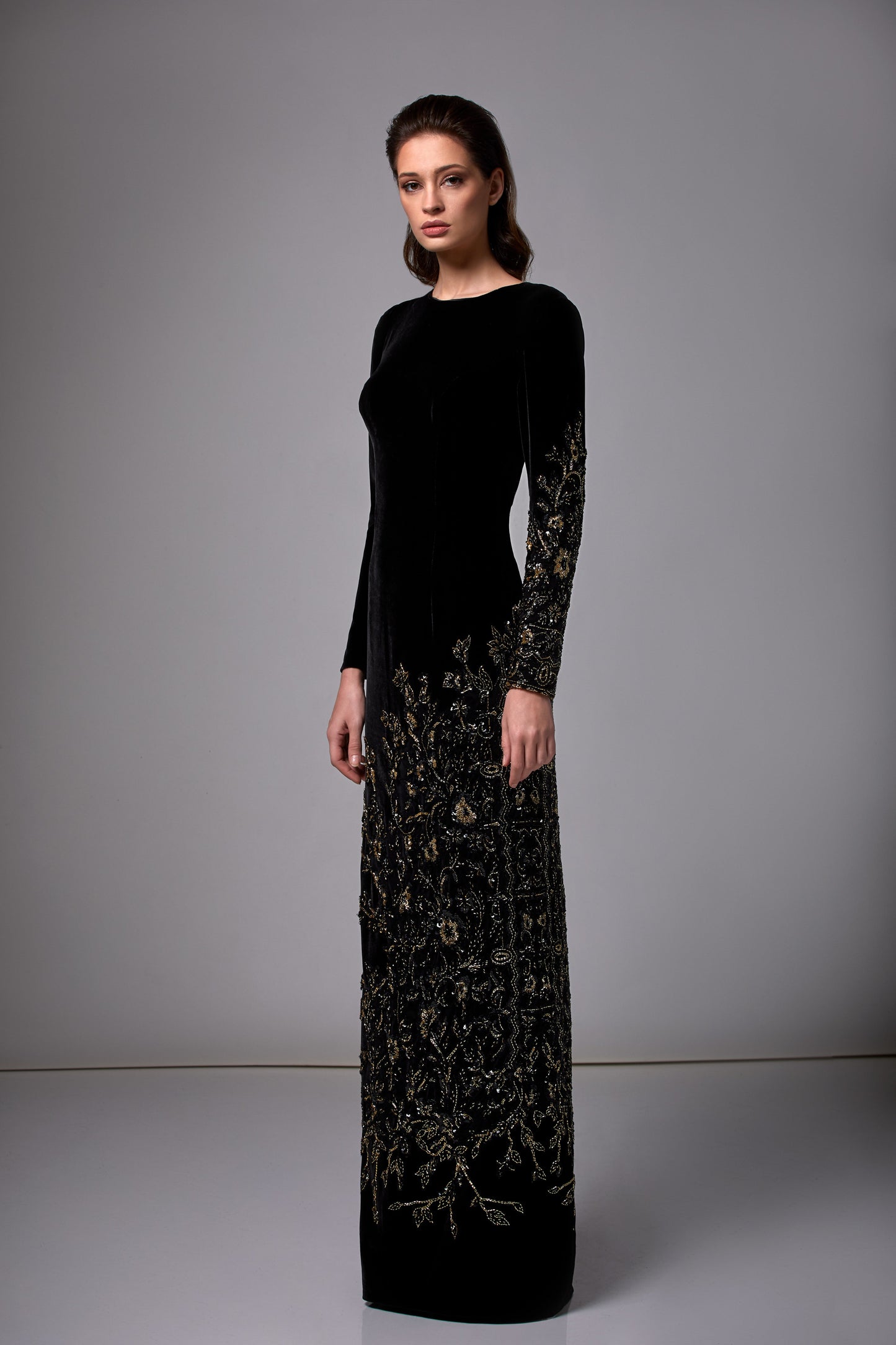 Beaded Long Sleeve Velvet Column Gown