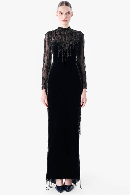Embroidered Tulle Gown with Velvet Base