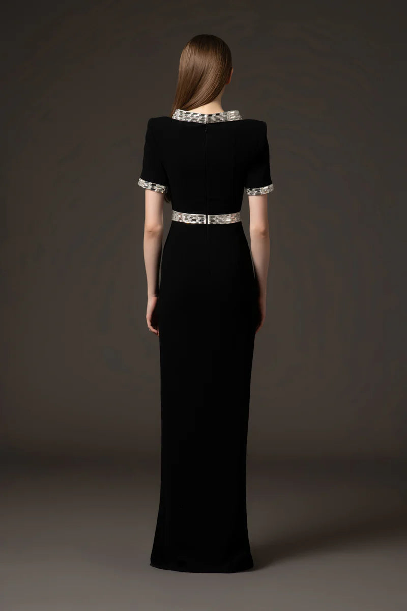 Black Crêpe Dress with Baguette Embroidery‭