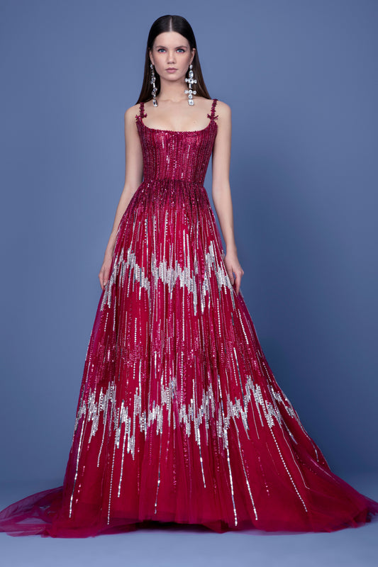 Beaded Tulle Sleeveless A-Line Gown