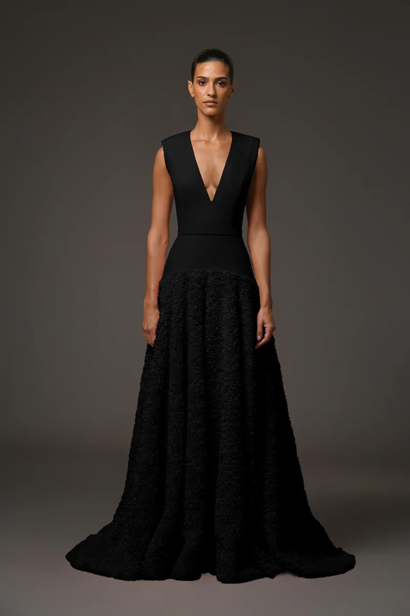 Black Crêpe Dress with Flower Detailing